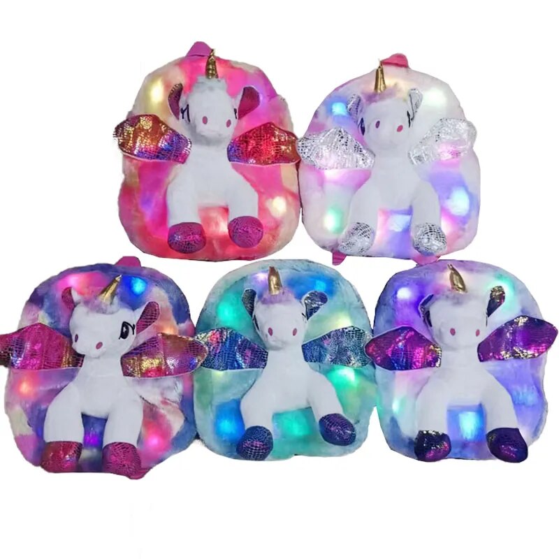 Little Girls Unicorn Fur Backpacks With LED Lights Children 3D Plush Toy