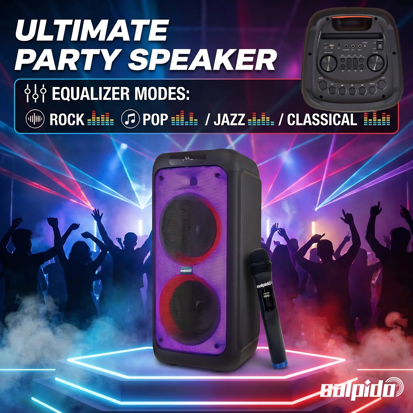 Salpido WAVES 707 Portable Bluetooth Subwoofer Included Wireless Microphone, Support Guitar With TF / USB / AUX / FM