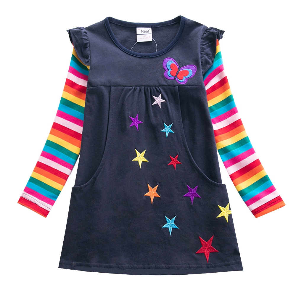 dress for kids girls 7 to 8 dress for kids girls Girls Long Sleeve Star Embroidered Dress Girls Autumn New Style Two Pocket Rainbow Striped Sleeve Cotton Dress LH5809 ราคา  598 บาท*ส่งฟรี