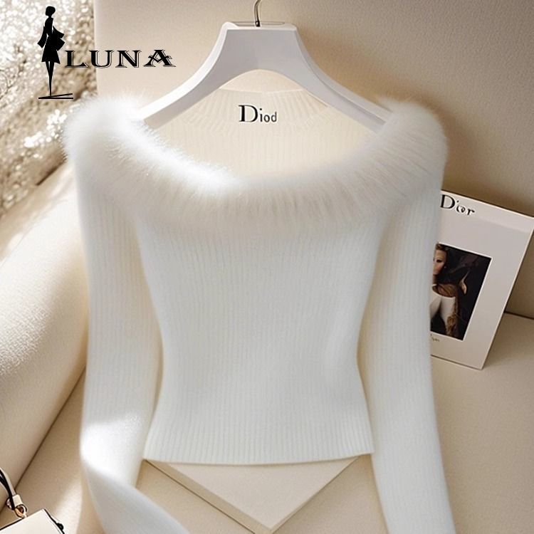 LUNAáo girl phố nữ Nữ mùa thu đông độc đáo sang trọng đầu ngọt ngào babes trắng vai phụ nữ áo len mỏng váy nữ đẹp đi chơi rẻ vô đố