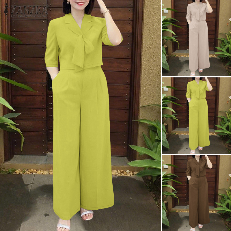 Esolo ZANZEA WomenFormal Office Two-piece Outfits Lace-Up Neck 3/4 Sleeve Top Long Pants OL Work Sets #0414 ราคา 426 บาท*ส่งฟรี