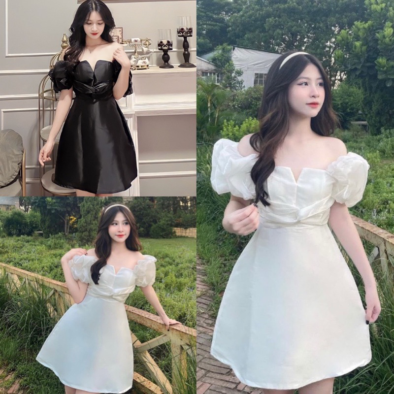 Váy trễ vai tay bèo phồng cổ v xoắn eo chất tafta dáng xoè chứ A màu trắng đen, Đầm dự tiệc hở vai sang chảnh đi chơi AMEE2 STORE