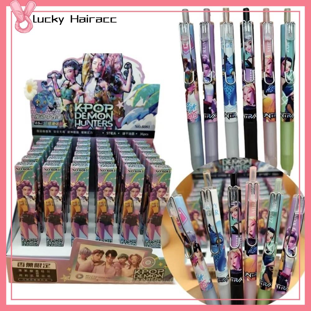 LUCKY HAIRACC Báo chí hoạt hình Bút Gel Kpop Demon Hunters Rumi Jinu Abby Saja. 0,5MM Bút bi Quà tặng tiệc tùng Mực đen Bút ký Văn phòng trường học