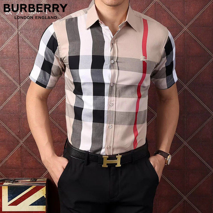 Burberreis Áo sơ mi giản dị công sở thêu kẻ sọc cổ điển Áo sơ mi ngắn tay cho nam