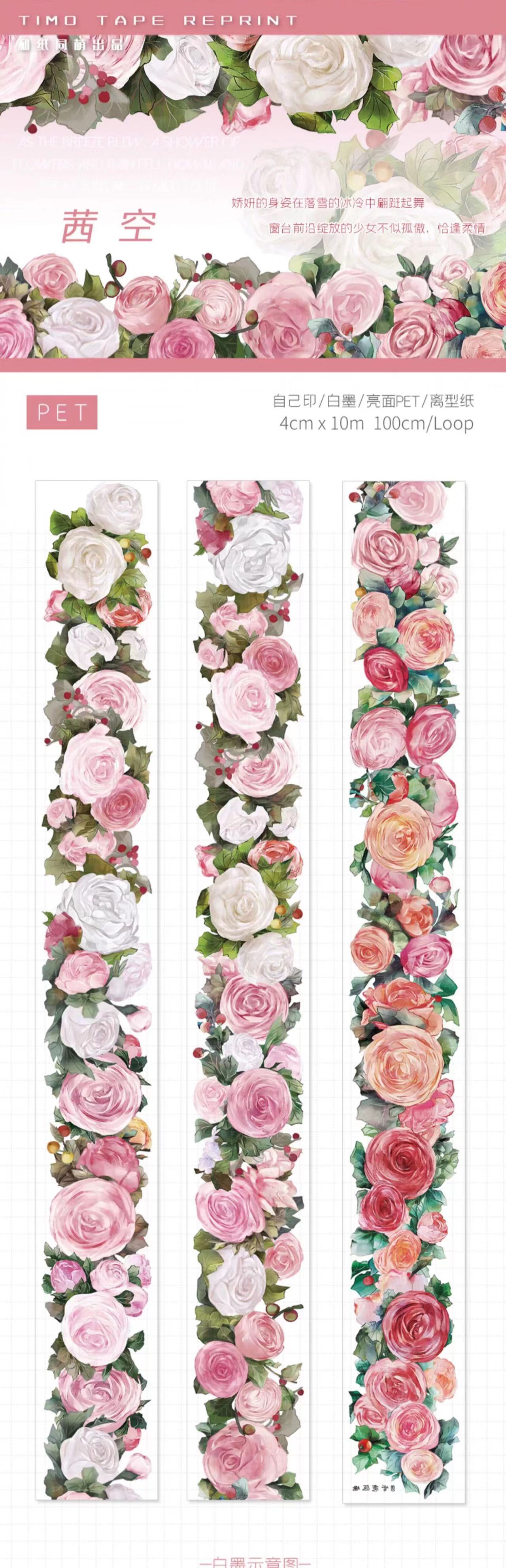 Hoa hồng màu hồng cổ điển nền hoa Washi băng dính PET cho kế hoạch thẻ tự làm làm scrapbooking kế hoạch Hình dán trang trí