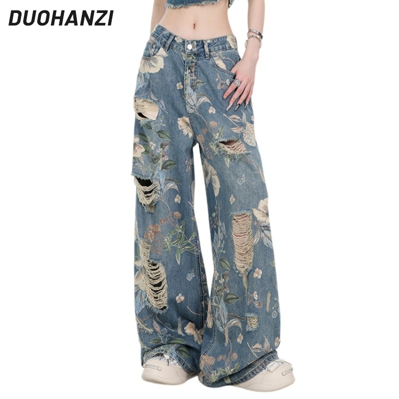Duohanzi kích thước lớn Mỹ Retro in Quần Jean Rách cho phụ nữ thiết kế eo cao quần ống đứng rộng hợp thời trang