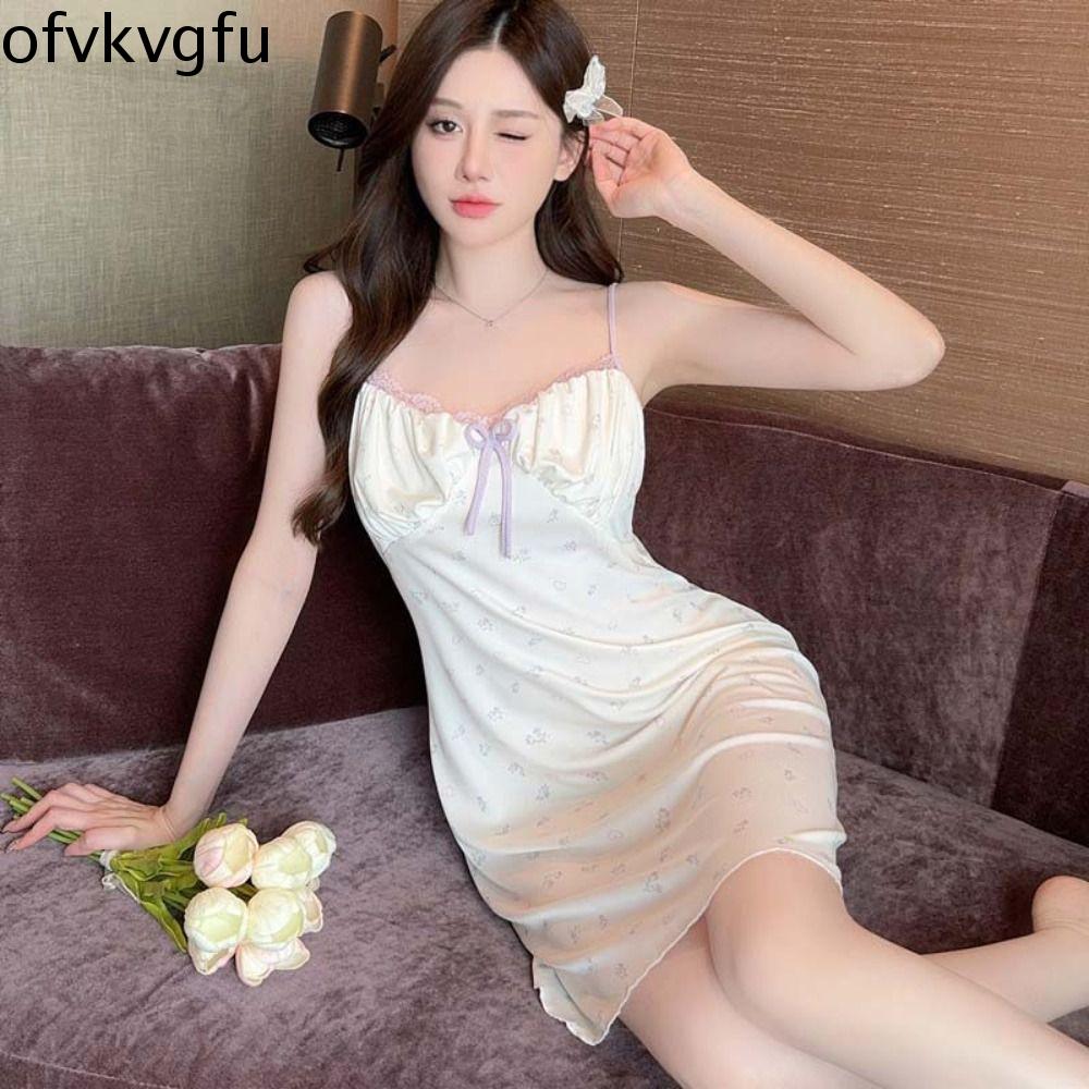 OFVK Chấm Đồ ngủ Váy ngủ hoa phối ren Nơ Không tay Đầm ngủ cổ chữ V thắt nơ ren hoa Thường ngày Phong cách Hàn Quốc Đầm ngủ có dây đeo bằng lụa mát Nữ