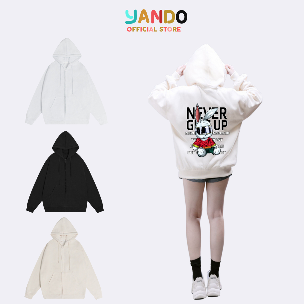Áo hoodie zip nam nữ gấu never give up localbrand yando hd015 nỉ cotton premium 350gsm