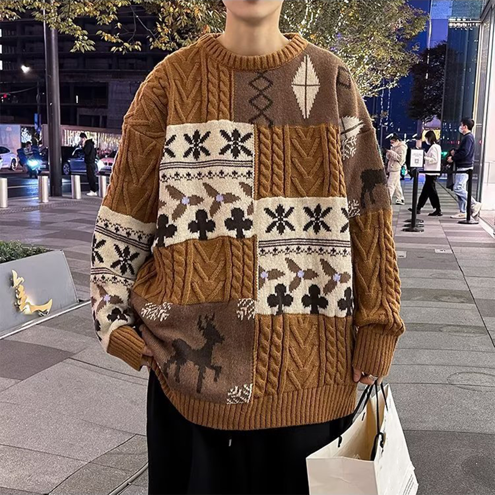Pull de Style noël pour hommes, coupe ample, Colorblock, flocon de neige, élan, chaud et confortable, tricoté, 543_voghion.com