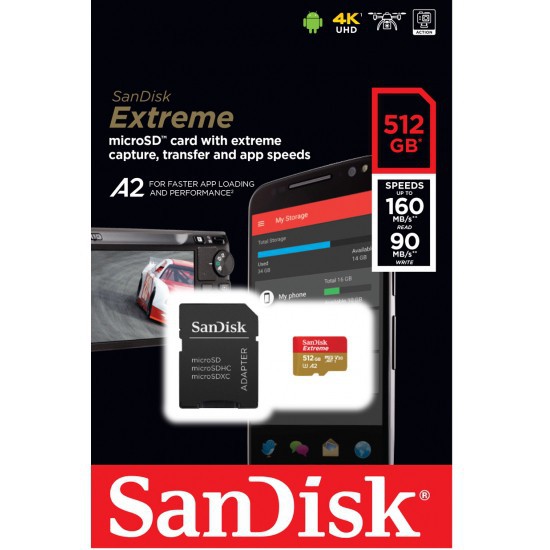 SanDisk EXTREME microSDXC UHS-I A2 512GB reads 160MB/s and writes 90MB/s (SDSQXA1-512G-GN6MA) ราคา 4,799 บาท*ส่งฟรี