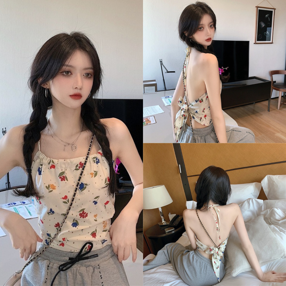 สายคล้องคอลายดอกไม้เล็กๆสายรัดผีเสื้อ2025ฤดูร้อนแบบใหม่ผูกเชือกเสื้อกั๊กใส่ด้านนอกท่อสำหรับสาวร้อนBackless tops ราคา 44 บาท*ส่งฟรี