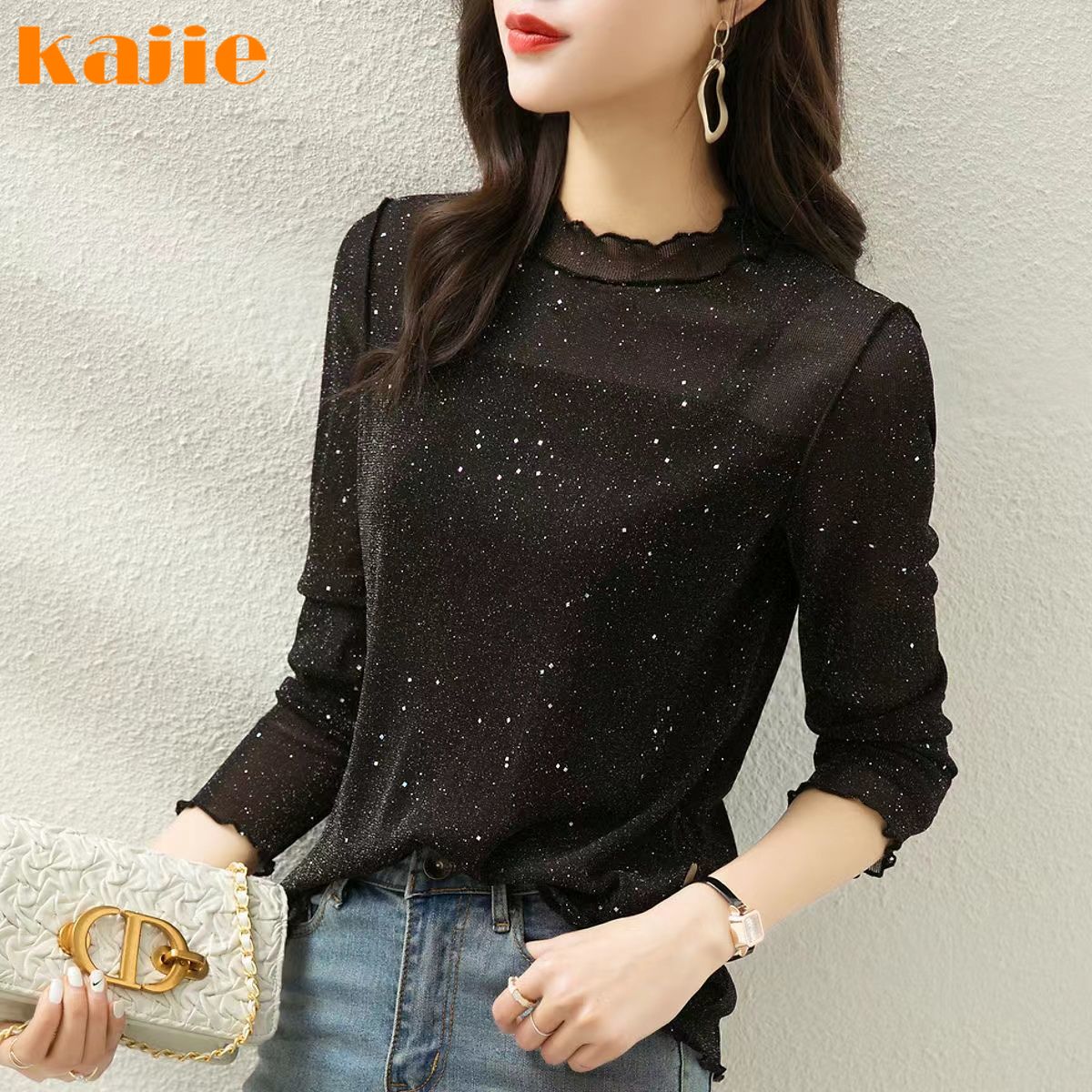 2024 New Regular Fashion Simple and Slim Fit Style Slimming Sequin Elastic Lace Bottom Shirt