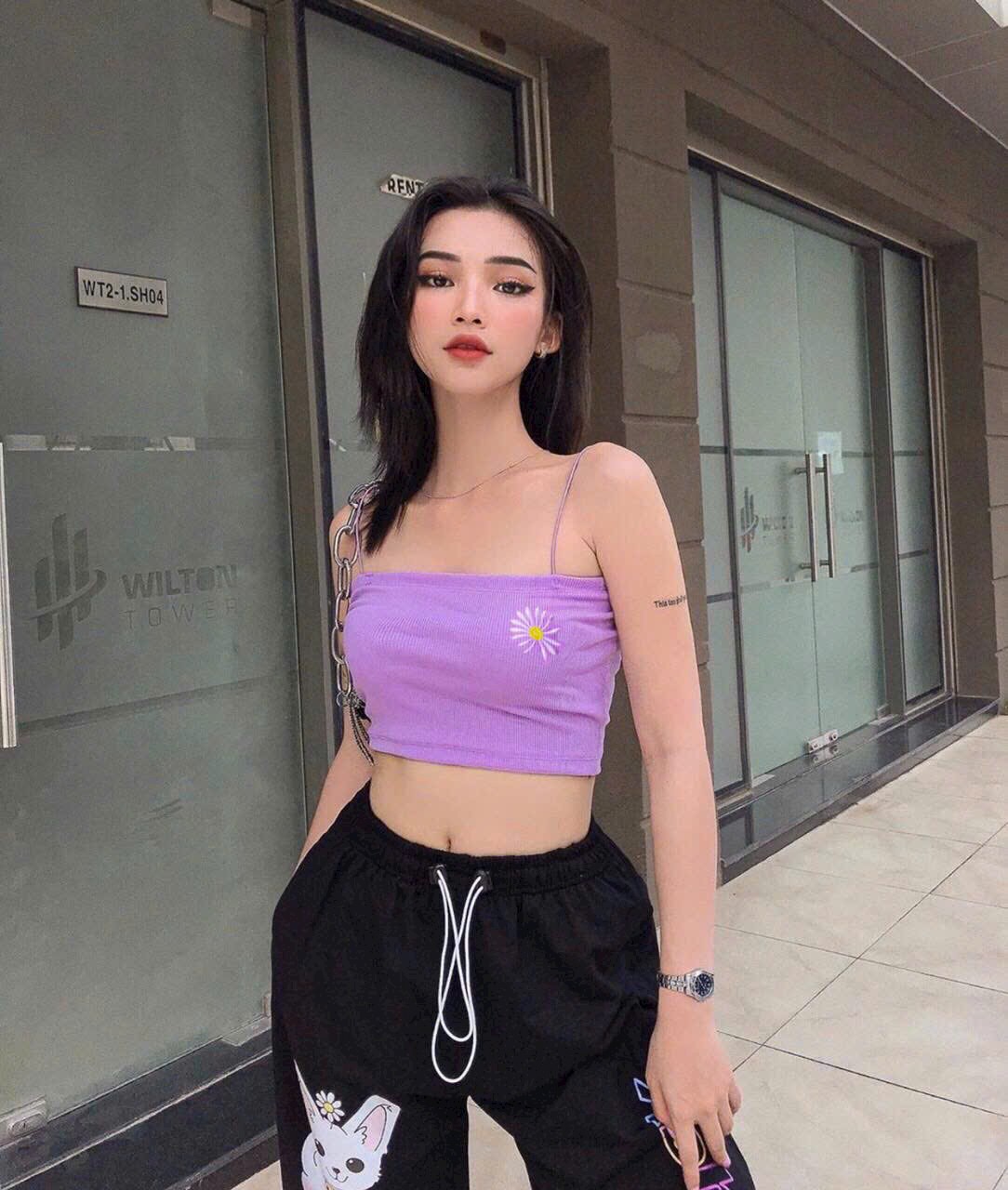 Áo thun 2 dây sợi bún croptop thêu hoa cúc dáng ôm nhiều màu