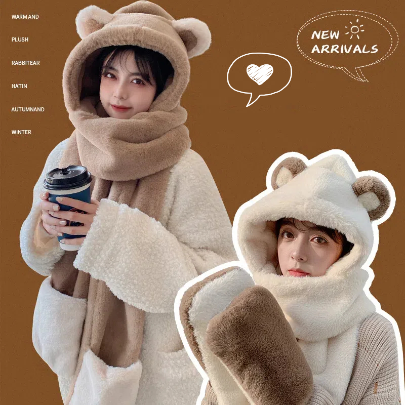 Khăn Quàng Cổ Mũ Gấu Nhỏ Khăn Quàng Cổ Có Mũ Dễ Phối Mùa Thu Đông Cho Nữ Găng Tay Một Chiếc Khăn Giữ Ấm