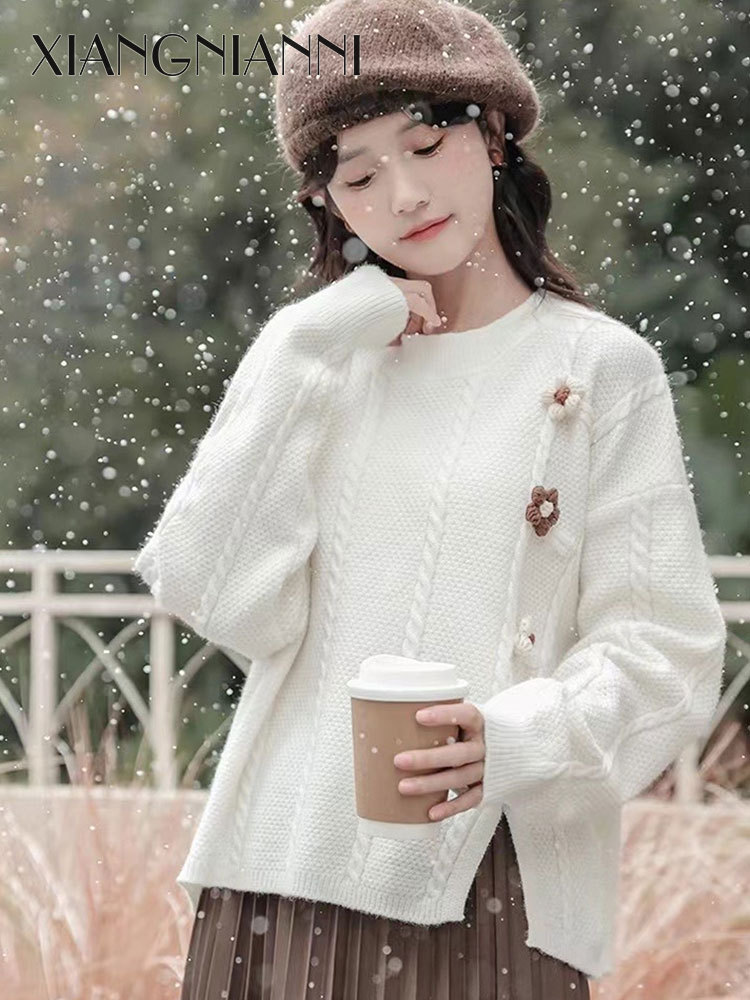 Xiang Nian ni Áo len dệt ngọt cho phụ nữ trong mùa thu và mùa đông 2023 mới bán chạy phong cách Dày Phong Cách lười biếng bên trong đáy hàng đầu cho người tí hon