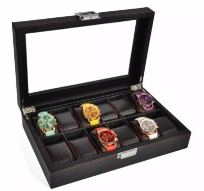 [Starzdeals] 12 Slots Full Carbon Fiber PVC Watch Jewelry Display Storage Box / Watch Box / Watch Case / Watch Storage Box / Watch Boxes / Wooden Watch Box