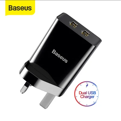BASEUS 3 Pin Fast Charger USB Wall Charger 10.5W Dual USB Ports Charger with Phone Holder Quick Charger for Huawei Samsung Xiaomi iPhone 12 Pro Max Android iOS Adapter Mobile Phone Charger