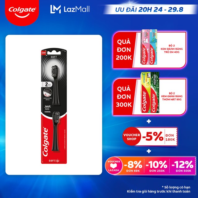 [Ưu đãi 20H 24.8 - 29.8_Áp voucher Colgate 5% + voucher LZD 8%]Bộ 2 đầu thay bàn chải điện Colgate Sonic 360 Charcoal lông chải phủ than hoạt tính kháng khuẩn