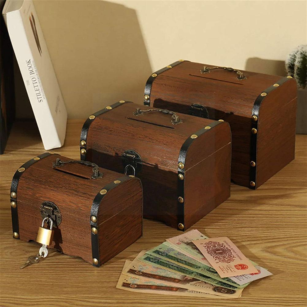 Wood Piggy Bank Safe Money Box Savings With Lock Wood Legendary Brown