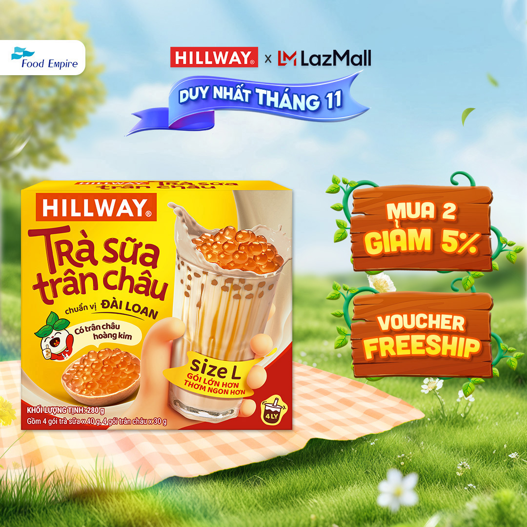 Trà Sữa Trân Châu Hoàng Kim - Hillway - Chuẩn vị Đài Loan size L (hộp 4 gói trà sữa 4 gói trân châu)