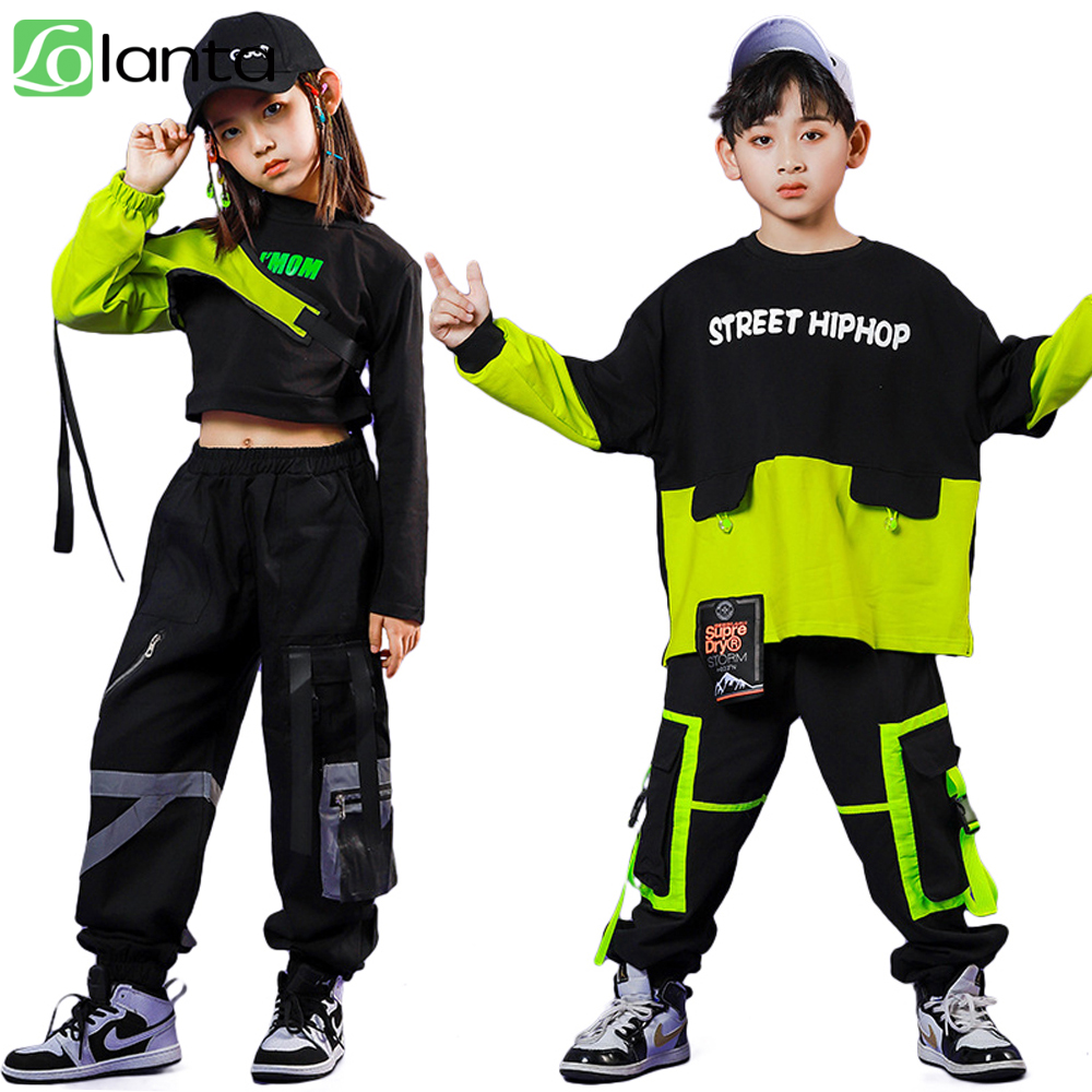Lolanta Trang Phục Hip Hop Cho Bé Trai Bé Gái 4-16 Tuổi Trẻ Em Thời Trang Dạo Phố Quần Áo Hiệu Suất, Màu Đen Giản Dị Mặc