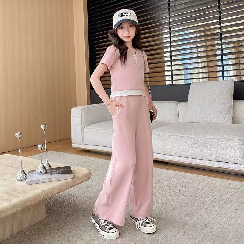 Áo thun amila cho bé gái bộ đồ thường ngày thời trang hè cho bé gái: áo tay ngắn hai mảnh giả + quần