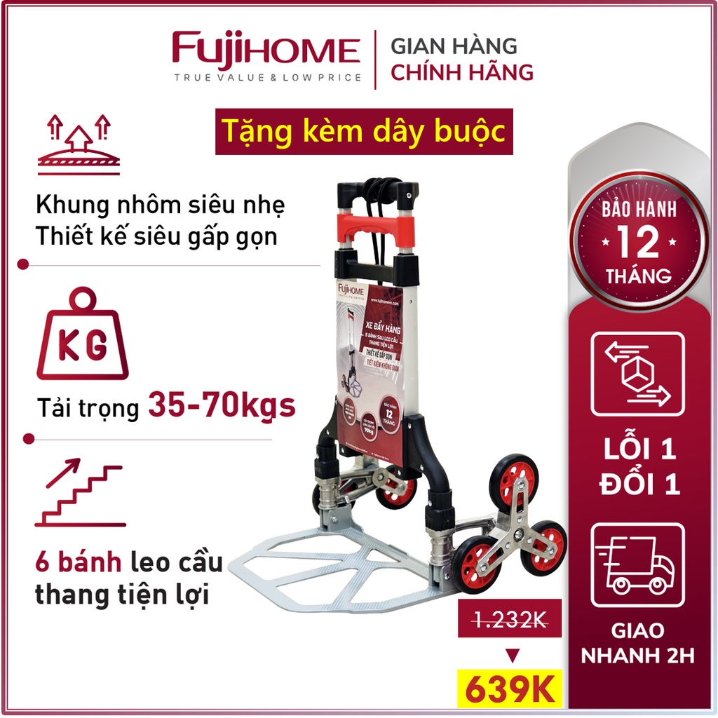 Xe kéo hàng leo cầu thang 6 bánh nhập khẩu Fujihome 70kg, xe đẩy leo cầu thang gấp gọn Stair Climbing Trolley