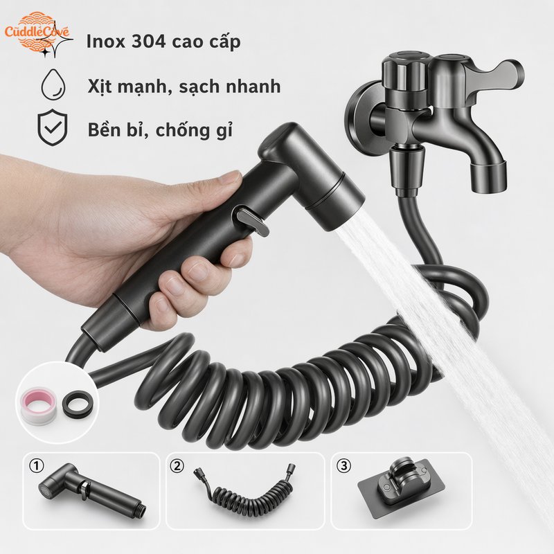 CuddleCove Bộ vòi xịt vệ sinh nhà tắm không khoan dán tường dây vòi 3 met kèm giá đỡ đầu phun tay tăng áp dùng bồn cầu