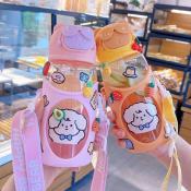 Cute Cartoon Kids Water Bottle with Straw and Strap