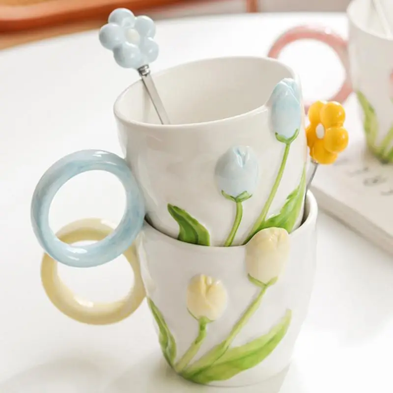[BBIZMA] Ins Style Tulip Flower Ceramic Mug Three-dimensional Design Creative Relief Girl Heart Coffee Cup Birthday Valentine's Gift ราคา 389 บาท*ส่งฟรี