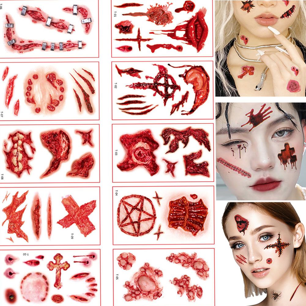 Qcnldm tự làm 10pcs halloween trang trí tạm thời hình xăm giả vết thương không bị trầy xước dán đẫm máu vết thương hình xăm halloween dán hình xăm vết sẹo hình xăm