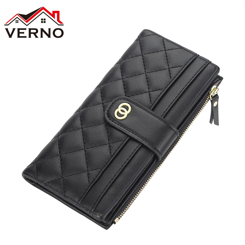 รูปสินค้า VERNO กระเป๋าหนัง PU ยาวนิ่มสำหรับผู้หญิง ใหม่กระเป๋าสตางค์สตรีลายสก๊อตพร้อมซิปกระเป๋าสตางค์ใส่บัตรแฟชั่นคุณภาพสำหรับผู้