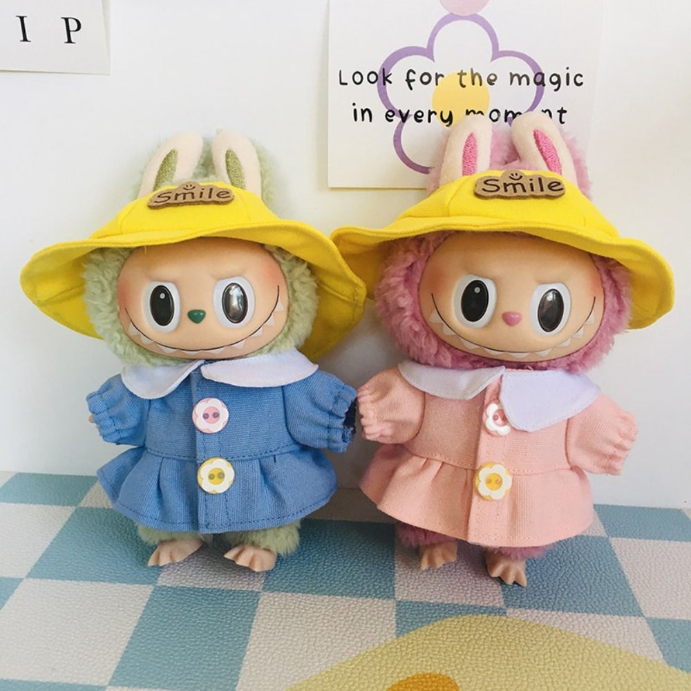 LFGHT Mũ nhỏ màu vàng Váy Búp Bê labubu ngồi Đi chơi mùa thu Váy có cúc Bộ váy búp bê thời gian labubu Quần áo đồ chơi Ăn mặc Quần áo búp bê vải nhung lông 17cm Phụ kiện búp bê cotton