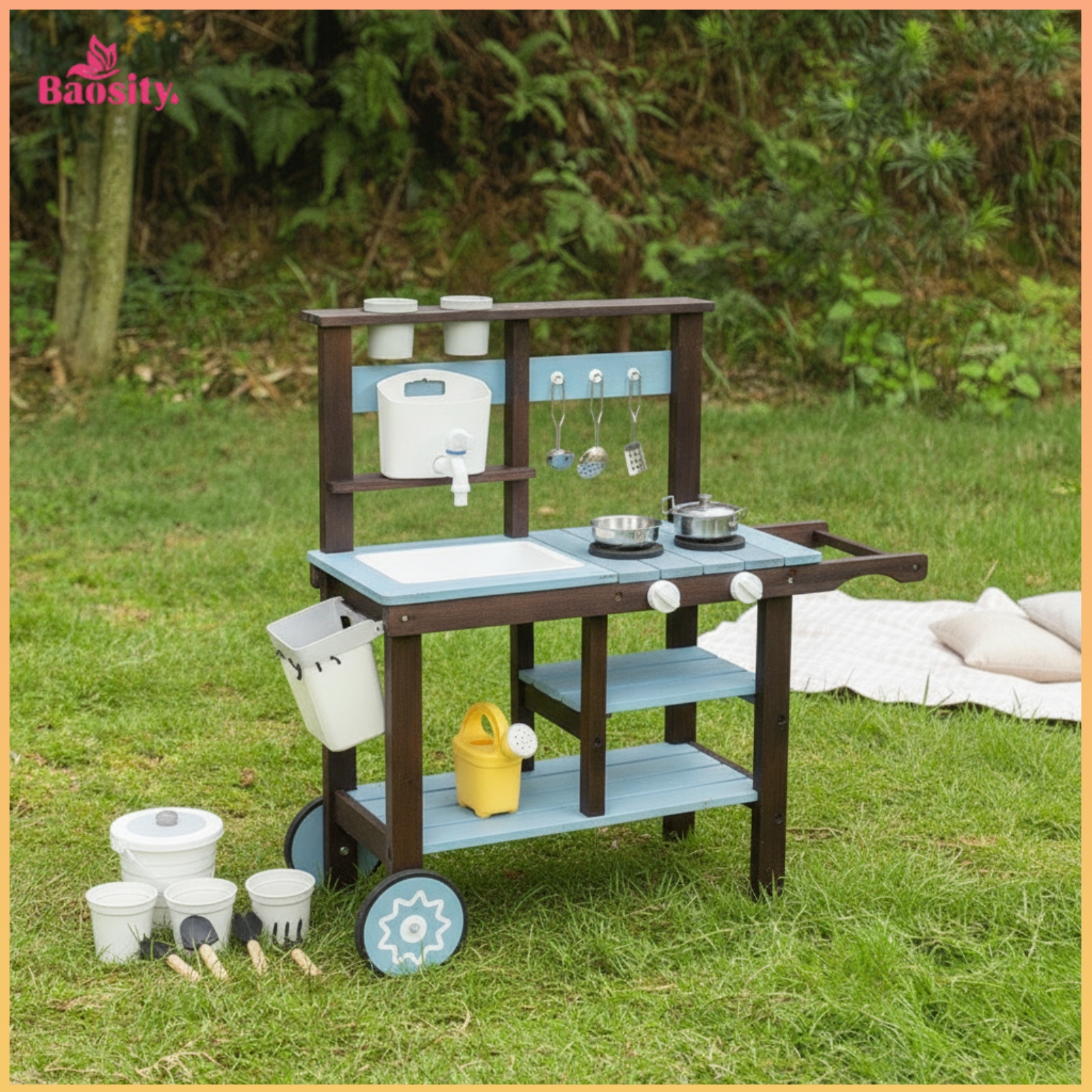 Baosity Built-in Sink Outdoor Wooden Play Kitchen Light Blue Panels Kids Outdoor Kitchen Hanging Hooks Freestanding Play Station Wood-Look ราคา 6,174 บาท*ส่งฟรี