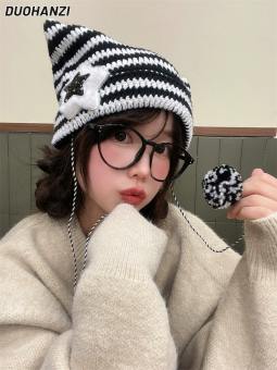 Duohanzi Mũ len ấm mới, mũ chóp nhọn dễ thương kiểu Nhật, mũ áo chui đầu đa năng, mũ dệt kim sọc quỷ
