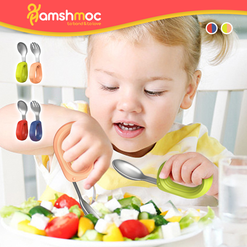 HamshMoc Baby Utensil Set Hole Handle Anti-Poke Design Long Spoon Head Stainless Steel for 12+ Months ราคา 426 บาท*ส่งฟรี