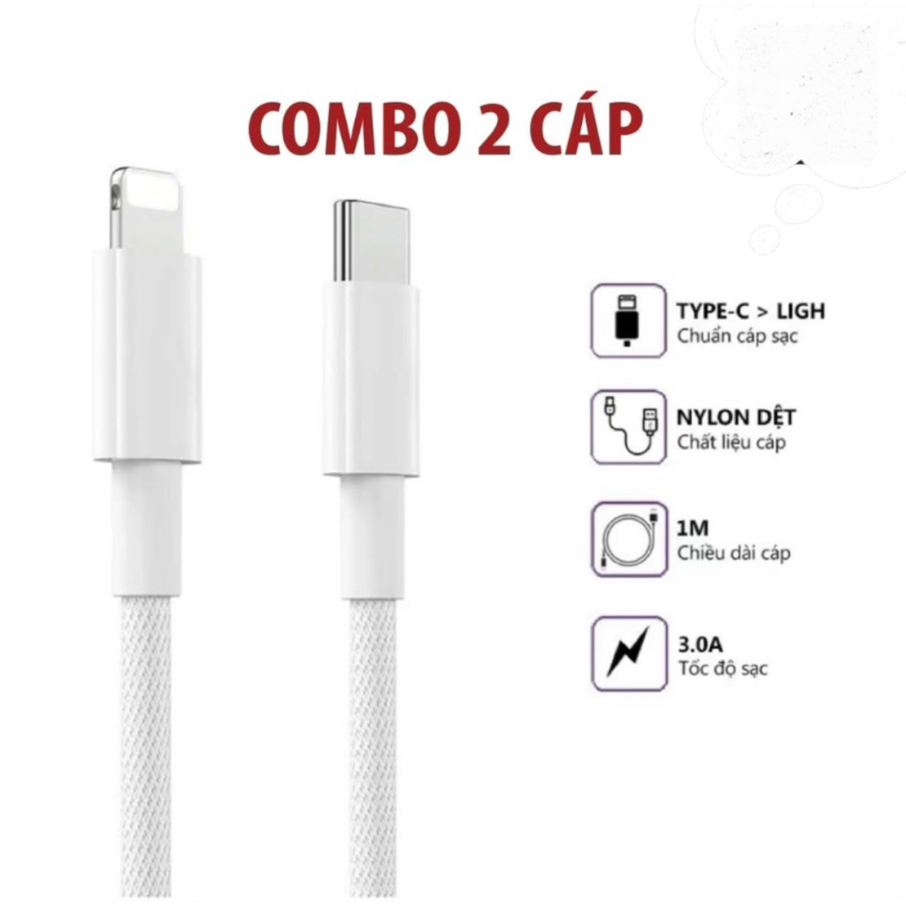Combo 2 dây sạc nhanh 20w dây dù siêu bền không nóng máy, an toàn ổn định cho điện thoại Ip 6 -14