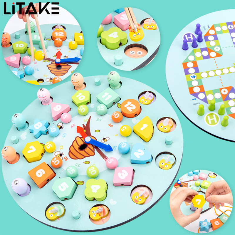 Kids Wooden Clock Magnetic Fishing Toy Colorful Block Bead Number Shape Matching Double-sided Flying Chess Toys ราคา 465 บาท*ส่งฟรี