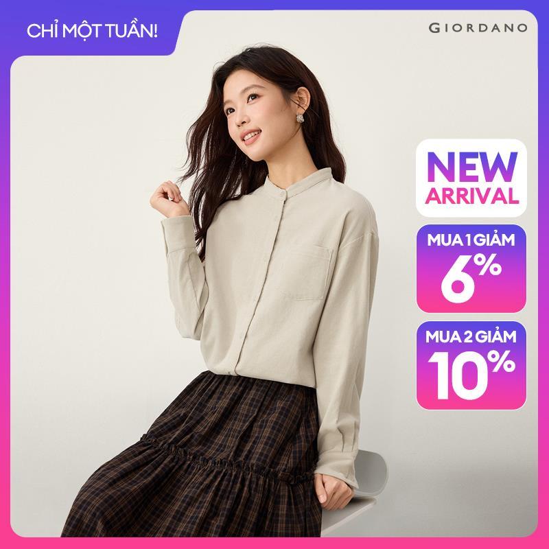 GIORDANO Women Shirts 100% Cotton Corduroy Loose Shirts Band Collar Long Sleeve Fashionable Casual Shirts 05346869