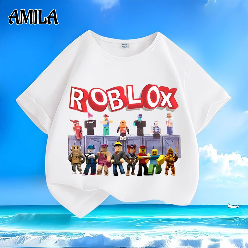 Áo thun nam amila, áo thun trẻ em chủ đề roblox, nhân vật đầy màu sắc và hoa văn Logo