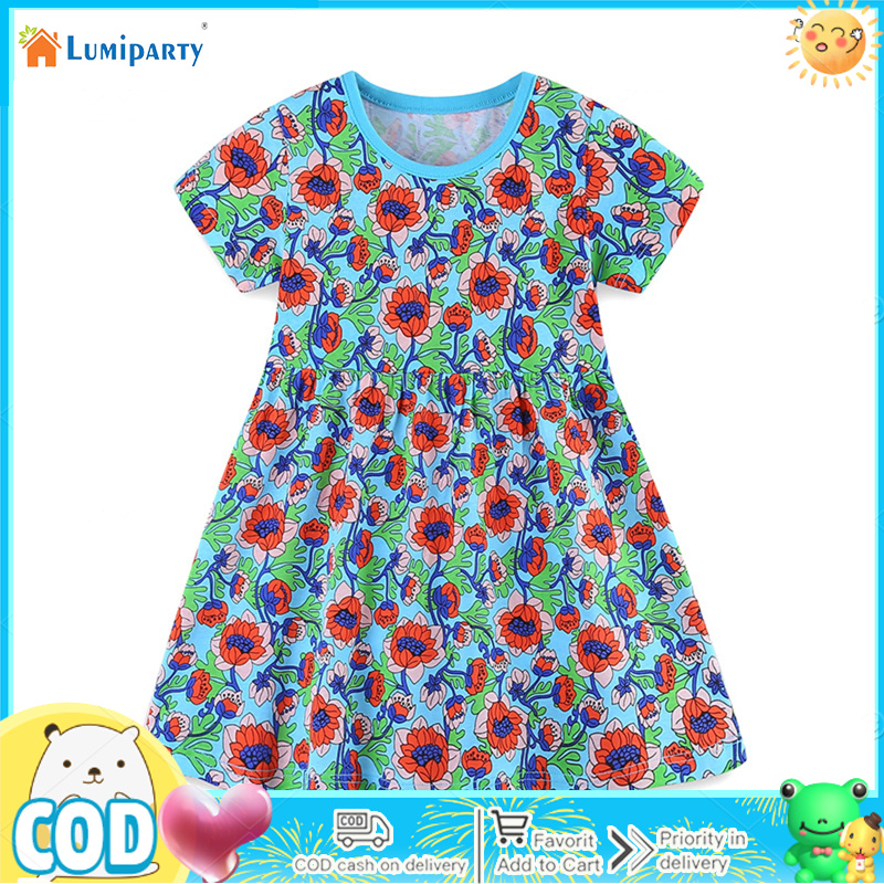 Girl Summer Casual Dress Short Sleeve Party Princess Flower Printed Round Neck Knitted Cotton Skirt ราคา 204 บาท*ส่งฟรี