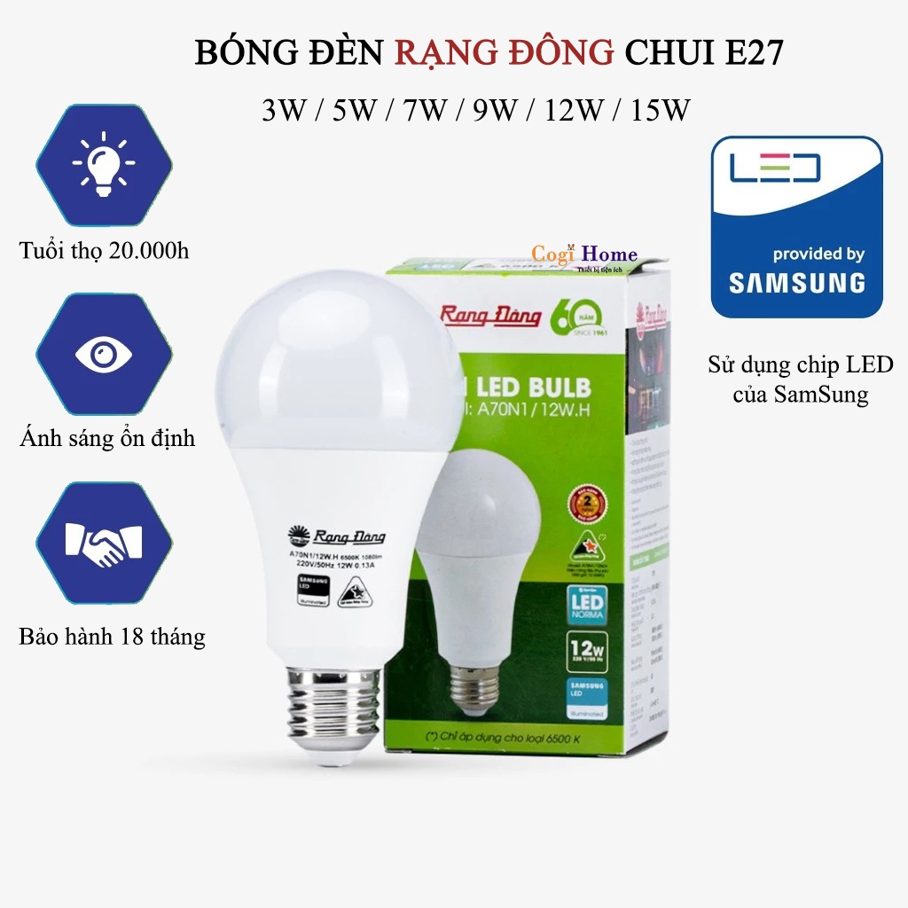 Bóng Đèn LED Rạng Đông 3W 5W 7W 9W 12W 15W Đuôi E27 Ánh Sáng Trắng Vàng