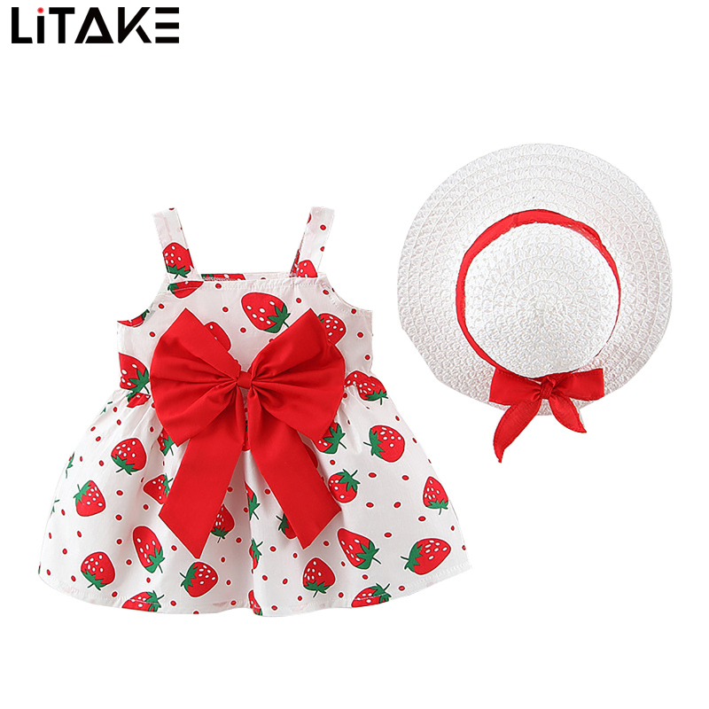 Girls Princess Dress With Hat Summer Strawberry Printing Sleeveless Princess Dress With Bowknot For Travel Beach ราคา 181 บาท*ส่งฟรี