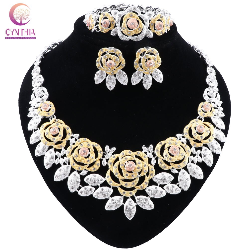 Cynthia Phụ Nữ hạt châu Phi Bộ trang sức màu vàng Ấn Độ phụ kiện trang sức Dubai Vòng Cổ Bông Tai Vòng nhẫn Bộ