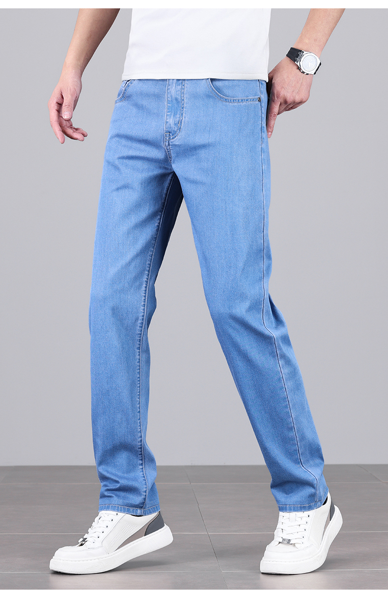 Summer Men's Baggy Jeans Blue UltraThin Classic Soft Breathable Business Casual Straight-leg Stretch Denim Trousers Male