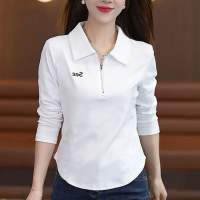 NIkyLundun   เสื้อยืดแขนยาวสำหรับฤดูใบไม้ผลิและฤดูใบไม้ร่วงสำหรับผู้หญิงเสื้อยืดทรงหลวมไซส์ใหญ่มีซิปเสื้อโปโลใส่แล้วดูผอมเพรียวสำหรับคุณแม่