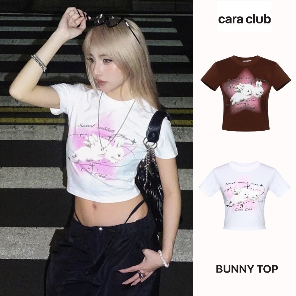 CARA Áo croptop thun nữ Bunny cổ tròn tay ngắn hình thỏ năng động