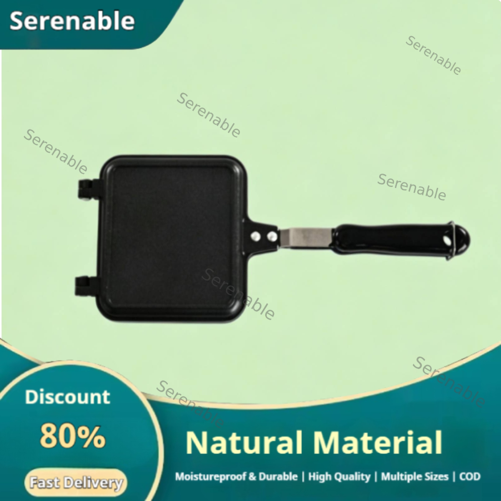 Serenable Long Handle Double-Sided Sandwich Grill Pan Nonstick Hinged Sandwich Pan Square Plates Stovetop Panini Press Even Heat