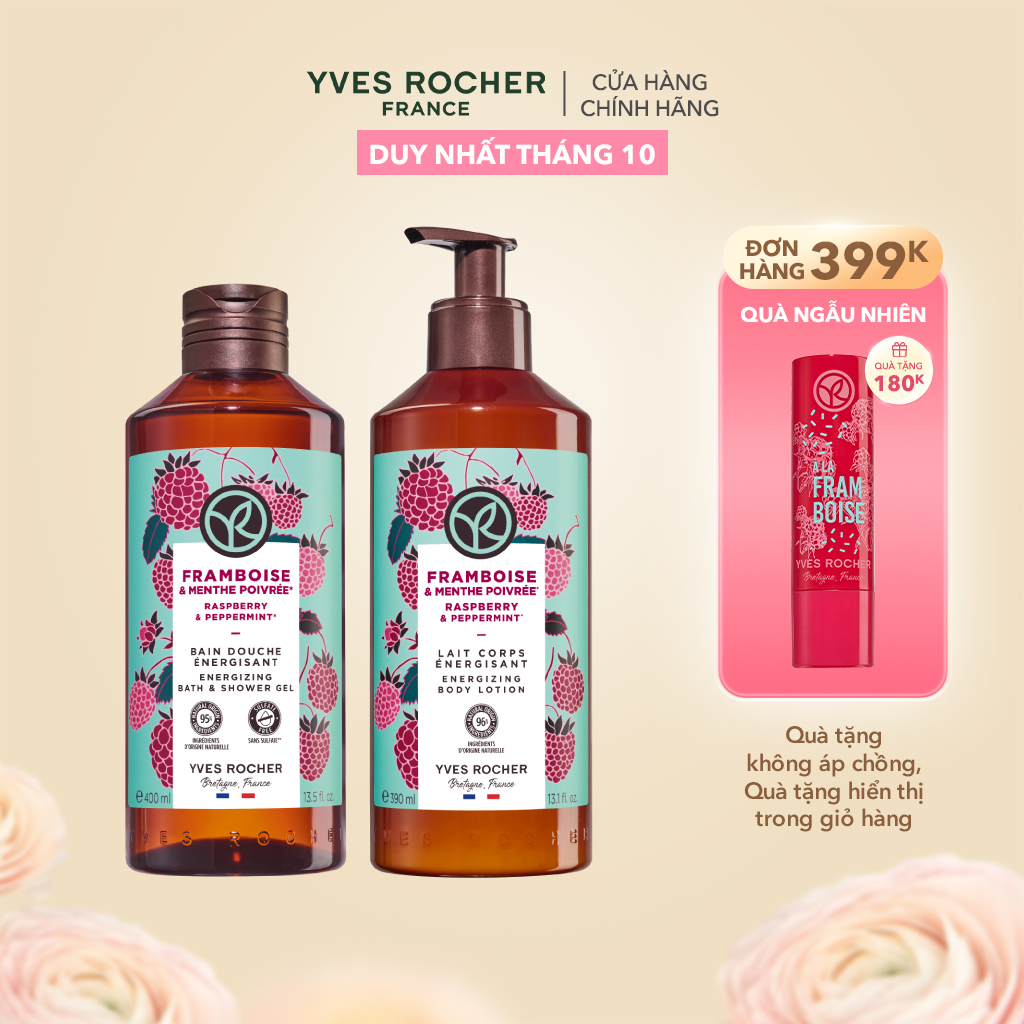 Combo Sữa Tắm, Sữa Dưỡng Thể Làm Sạch và Dưỡng Ẩm Cơ Thể Bạc Hà & Mâm Xôi Đỏ Yves Rocher Raspberry & Peppermint 790ml