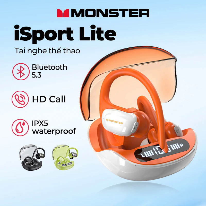 Monster iSport Lite thể thao Tai nghe không dây Tai nghe Bluetooth Tai nghe Stereo Bass chạy Earbuds với Mic móc tai không thấm nước